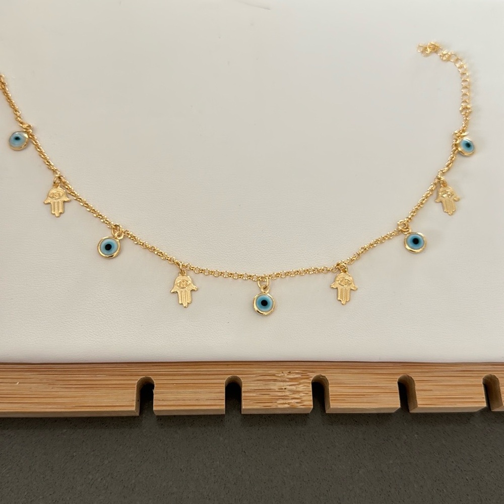 Gold and Blue Evil Eye/ hand Charm Anklet Bracelet - Picture 3 of 4